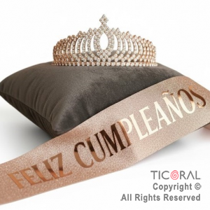 SET VINCHA Y BANDA FELIZ CUMPLEA�OS STRASS ROSA GOLD (10547C) X 1